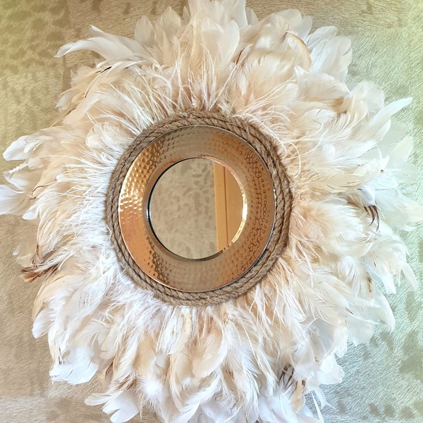 Miroir jujuhat blanc beige et caramel 50cm avec cadre vintage métal martelé couleur argent PIECE UNIQUE idéal décoration bohème chic