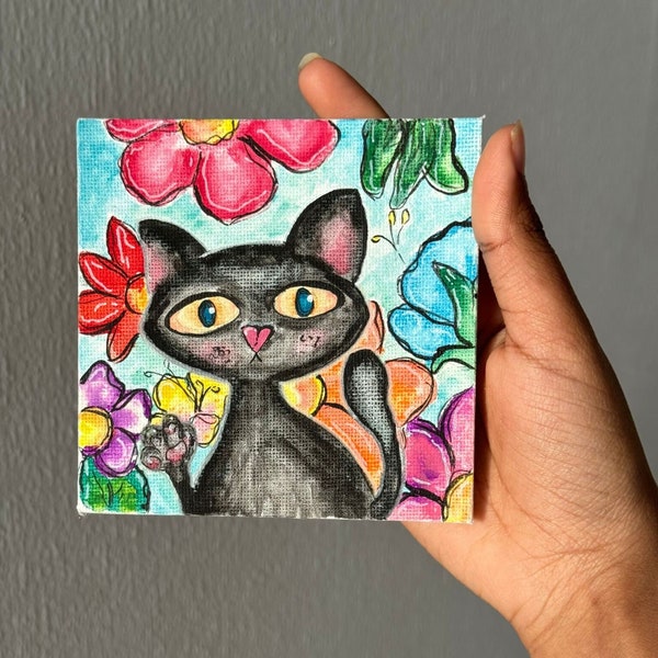 Handmade / handpainted canvas painting, cat painting, mini canvas art, home decor