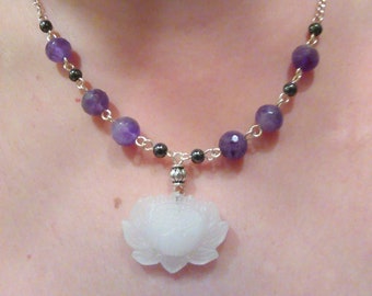 White Jade Lotus Amethyst Necklace