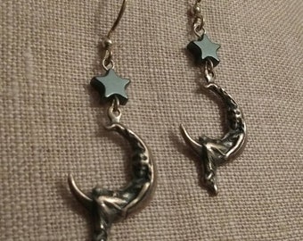 Hecate's Star ~ Hematite Star and Silver Lady in the Moon Gemstone Earrings