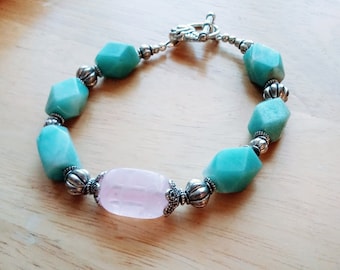 Rosarita* Rose Quartz Amazonite Gemstone Beaded Bracelet