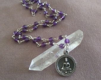 Om. so.  p e a c e f u l l. Buddha Unilome Genuine Faceted Amethyst Sterling Silver Necklace