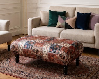 Vintage Inspired Patchwork Ottoman Bench: Boho Persian Carpet Style