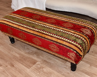 Tribal Kilim Ottoman Bench: Handmade Boho Footstool, Rustic Hallway Decor