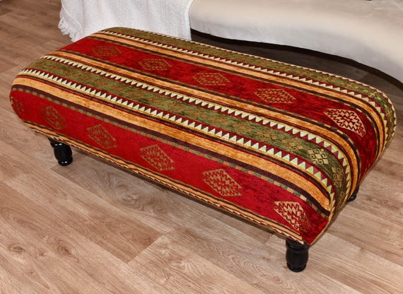 Tribal Kilim Ottoman Bench: Handmade Boho Footstool, Rustic Hallway Decor