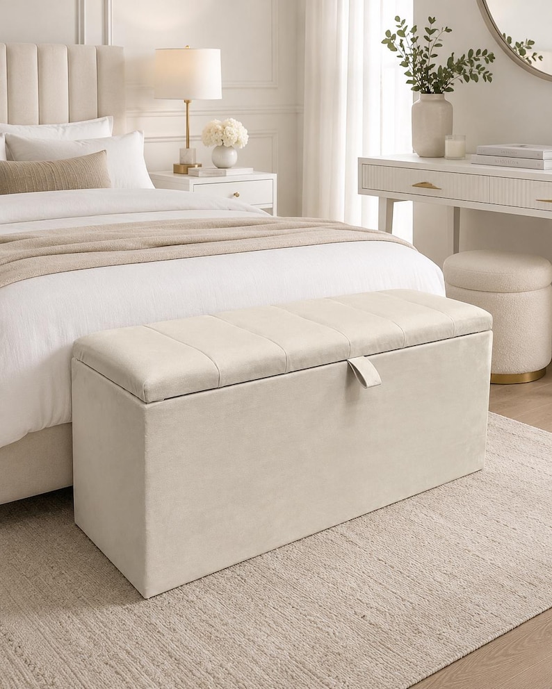 May include: A beige upholstered storage bench with a tufted top and a leather pull tab. The bench is rectangular and sits on a light beige rug. The bedroom setting includes a bed, nightstand, and vanity.