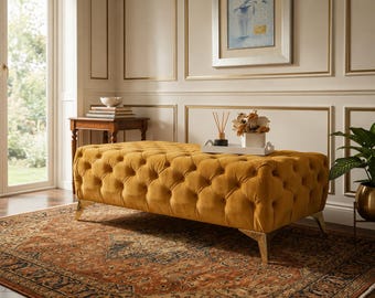 Handmade Chesterfield Ottoman Footstool | Mustard Plush Velvet | Made to Order | Luxury Upholstered Bench