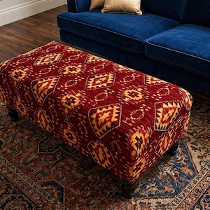 手作りのキリム張りオットマン – ボヘミアン風トライバル柄フットスツール、布張りベンチ、新品