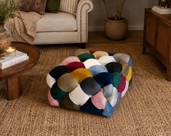 Velvet Patchwork Pouf Ottoman: Handmade Boho Footstool