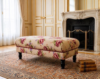 Floral Upholstered Ottoman Bench with Wooden Legs – Romantic Rose Footstool – Handmade