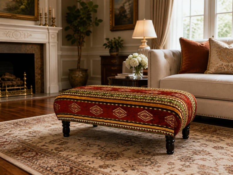 Puede incluir: Un otom&aacute;n tapizado con un dise&ntilde;o estampado en rojo, verde y dorado. El otom&aacute;n rectangular tiene patas de madera oscura y est&aacute; colocado sobre una alfombra estampada. La habitaci&oacute;n cuenta con chimenea, sof&aacute; y l&aacute;mpara. El otom&aacute;n mide unos 120 cm de largo.