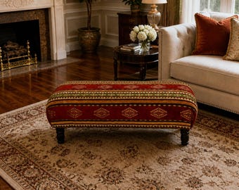 Tribal Kilim Ottoman Bench: Handmade Boho Footstool, Rustic Hallway Decor