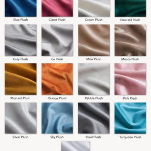 May include: A collection of plush fabric swatches in various colors, including blue, pink, cream, and green. Each swatch is labeled with its color name, such as "Blue Plush" and "Claret Plush". The fabrics have a soft, velvety texture.