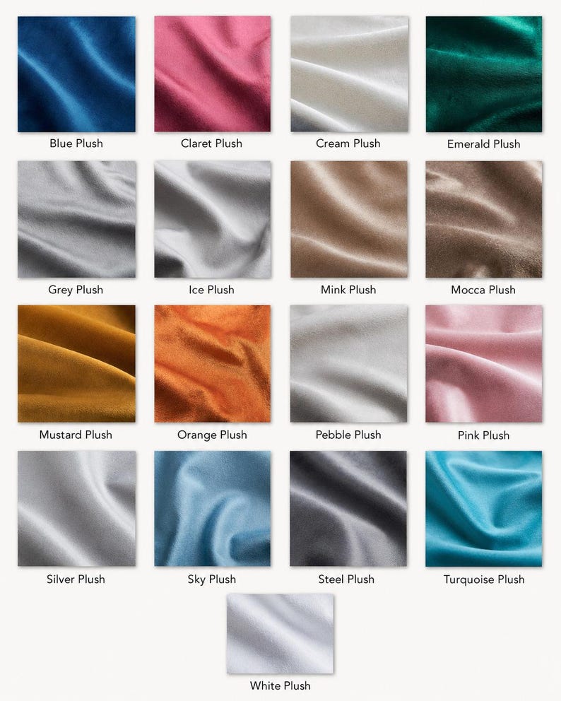 May include: A collection of plush fabric swatches in various colors, including blue, pink, cream, and green. Each swatch is labeled with its color name, such as "Blue Plush" and "Claret Plush". The fabrics have a soft, velvety texture.