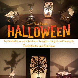 Puede incluir: Un paquete de archivos láser con temática de Halloween. La imagen muestra una linterna en forma de ataúd con un diseño de telaraña, una calabaza y una casa embrujada. La palabra "HALLOWEEN" se muestra en naranja. Incluye archivos digitales.