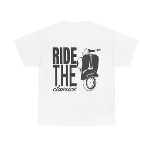 May include: White t-shirt with a black graphic of a vintage scooter and the text "RIDE THE classics". The scooter design is on the right side of the shirt, with the text stacked vertically on the left.