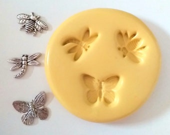 Tiny Insects Mould - Dragonfly Bee Butterfly Food Safe Flexible Polymer Clay Cake Decorate Pendant Earrings Jewellery Making