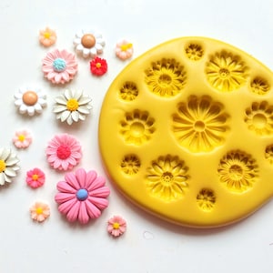 May include: A selection of colourful, daisy-shaped embellishments and a yellow silicone mould. The embellishments are in various colours, including white, pink, and orange, with yellow and blue centres. The mould has multiple flower-shaped cavities.