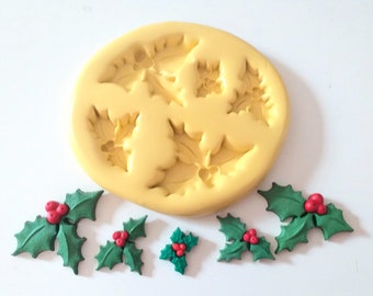 Holly  Leaves Mould -  Food Safe Flexible Christmas Polymer Clay Cake Decorate Jewellery Making Necklace Seasonal