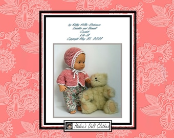 May include: A pink crocheted doll outfit with a matching hat, a floral print dress, and a teddy bear. The outfit is for a doll that is approximately 11 inches tall. The text on the image reads "by Katy Hills-Dickinson, Surater and Bonect Crochet, Ch-11, Copyright May 31, 2021, Halea's Doll Clothes".