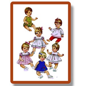 May include: A vintage sewing pattern featuring illustrations of six baby dolls in various outfits. The dolls are depicted in dresses, rompers, and pants, with details like bows and patterned fabrics. The color palette includes pink, blue, green, and white.
