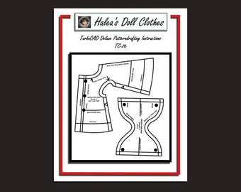 Könnte beinhalten: Schwarz-weiß-Linienzeichnungsmuster für ein Puppenkleid mit Rüschen-Saum und ein separates Muster für ein Puppen-Mieder. Das Muster ist mit "TurboCAD Deluxe Pattern Drafting Instructions TC-26" beschriftet.