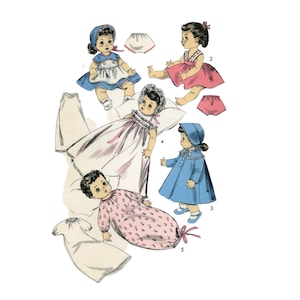 Puede incluir: Ilustración vintage de muñecas bebé con varios atuendos. Las muñecas visten un vestido azul con delantal blanco, un vestido rosa, un abrigo azul y un saco de dormir rosa floral. También incluye un camisón blanco y ropa interior a juego.