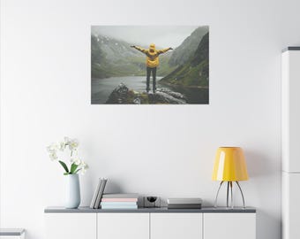 Inspirational Embrace Nature Canvas Art - Person with Arms Wide Open, Rainy Mountain Lake View, Motivational Landscape Decor