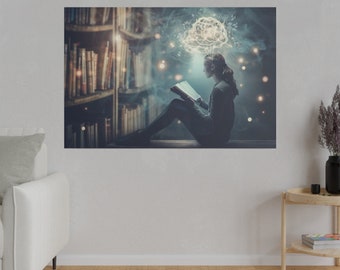 Inspirational Reading Girl Canvas Art - Luminous Brain with Sparking Neurons, Knowledge Immersion, Bookcase Room Decor