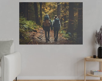 Inspirational Hiking Couple Canvas Art - Hand-in-Hand Trail Adventure, Motivational Woodland Walk Decor, Natures Journey Wall Art