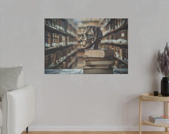 Inspirational Philosopher Sculpture Canvas Art - Vintage Library Decor, Classic Leatherback Books, Intellectual Artwork