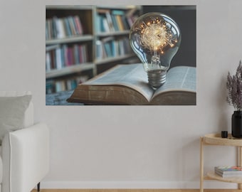 Inspirational Lightbulb on Book Canvas Art - Symbol of Ideas and Knowledge, Motivational Reading Decor, Illuminated Mind Artwork