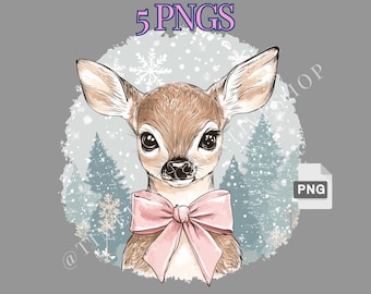 BUNDLE Retro Deer Christmas PNG, cerbiatto carino con fiocco rosa, design natalizio retrò, renna png, stile vintage, design a sublimazione, civetta
