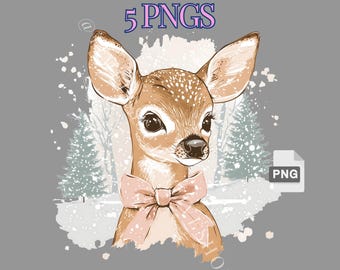 BUNDLE Retro Deer Christmas PNG, cerbiatto carino con fiocco rosa, design natalizio retrò, renna png, stile vintage, design a sublimazione, civetta