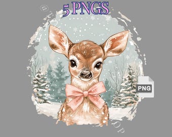 BUNDLE Retro Deer Christmas PNG, cerbiatto carino con fiocco rosa, design natalizio retrò, renna png, stile vintage, design a sublimazione, civetta