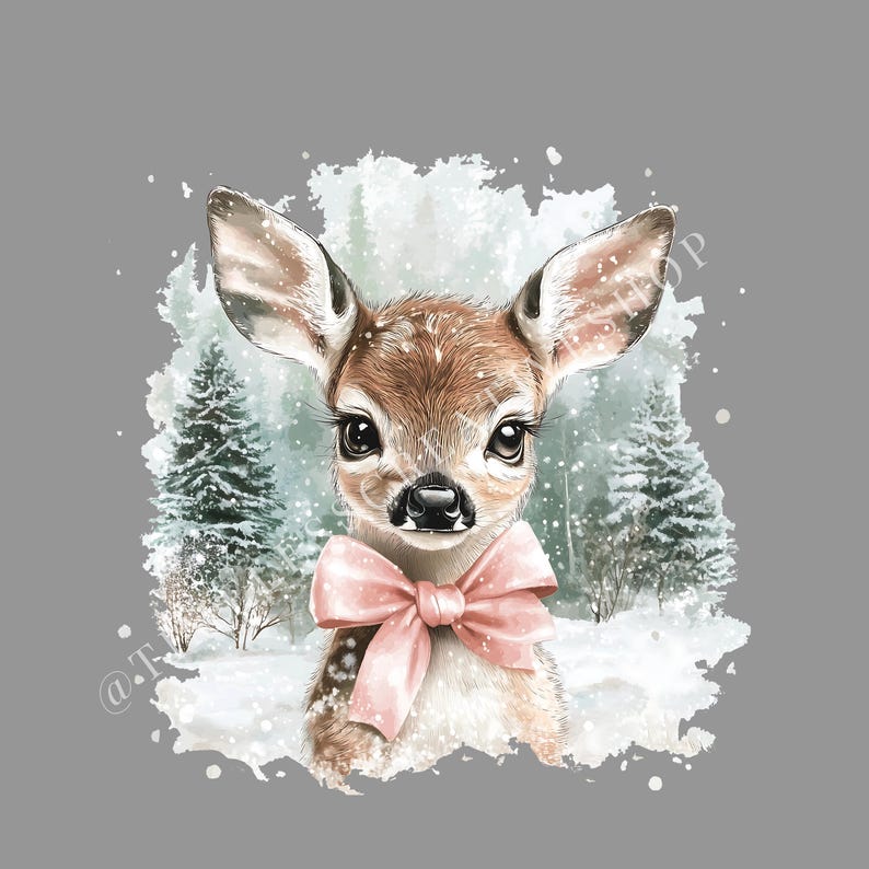 BUNDLE Retro Deer Christmas PNG, Cute Fawn With Pink Bow, Retro ...