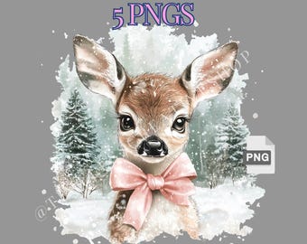 BUNDLE Retro Deer Christmas PNG, cerbiatto carino con fiocco rosa, design natalizio retrò, renna png, stile vintage, design a sublimazione, civetta