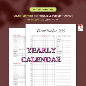 Yearly Period Tracker 2025, PRINTABLE Period Calendar, Menstrual Cycle Tracker, Printable digital product, Health Tracker, Menstrual tracker