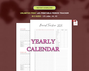 Seguimiento del período anual 2025, calendario menstrual IMPRIMIBLE, seguimiento del ciclo menstrual, producto digital imprimible, seguimiento de la salud, seguimiento menstrual