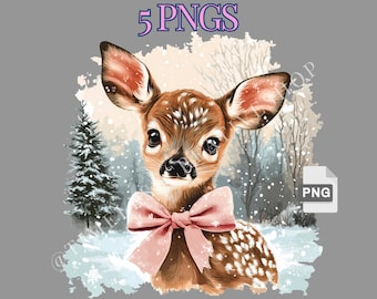 BUNDLE Retro Deer Christmas PNG, cerbiatto carino con fiocco rosa, design natalizio retrò, renna png, stile vintage, design a sublimazione, civetta