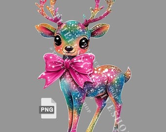 Cute Reindeer glitter Png, Christmas Designs Graphics, Baby Deer Sublimation, Christmas Deer, Reindeer png, Woodland Nursery, Rainbow Xmas