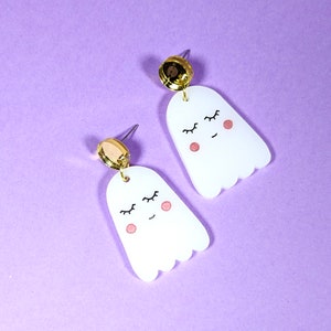 Shy Ghost Earrings - Dangle Earrings - Halloween Whimsigoth Horror Goth - Gold Mirror - Hypoallergenic