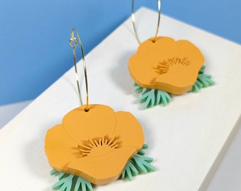California Poppy Floral Hoop Earrings - Flower Earrings - Statement Dangle Earrings