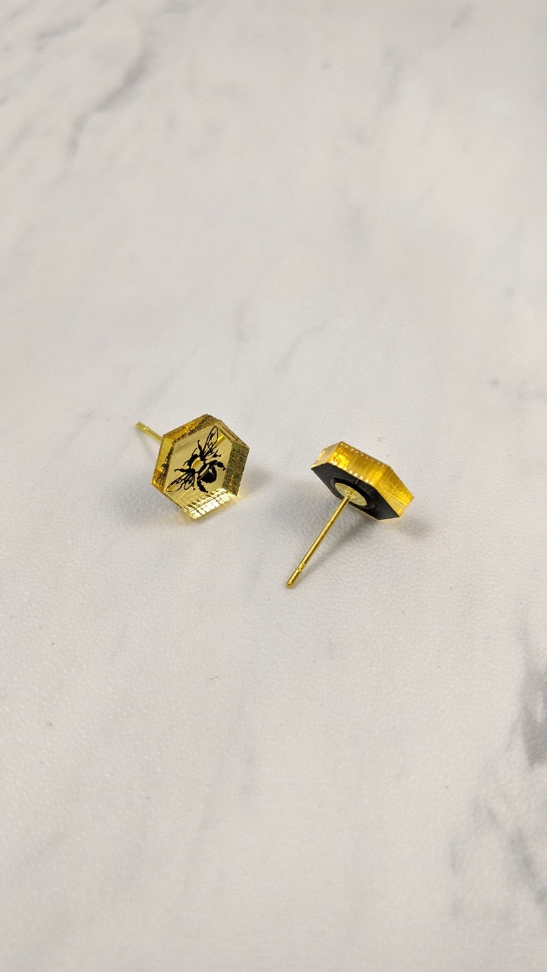 Miniature Bee Stud Earrings Gold Mirror Hypoallergenic image 5