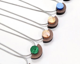 Deco Sunset Necklace - Wood & Acrylic 16" Snake Chain Necklace - Engraved Walnut Wood