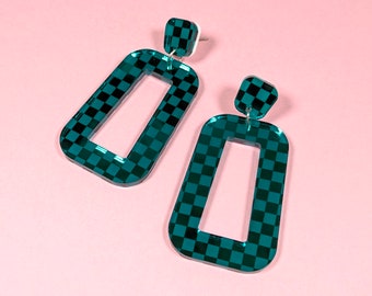 Teal Checker Earring - Retro Mirrored Dangle Earrings Hypoallergenic