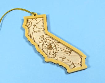 California Ornament - Poppy - State Shaped - Cali - NorCal - SoCal - Holiday Christmas - Gift Tag