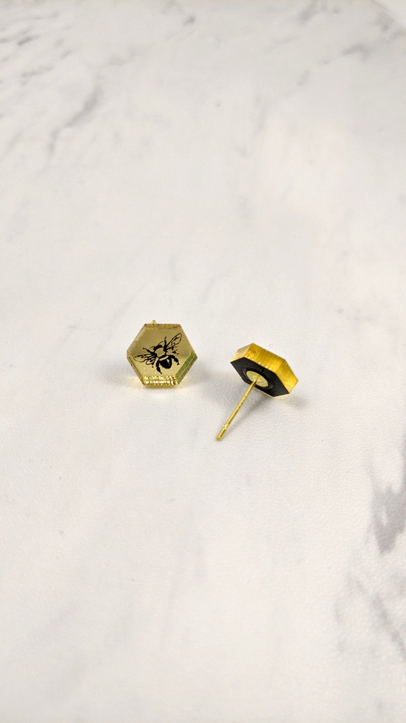 Miniature Bee Stud Earrings Gold Mirror Hypoallergenic image 6