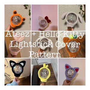 Può includere: Modello di copertura per bastone luminoso Ateez + Hello Kitty. Sei diverse coperture per bastone luminoso all'uncinetto in vari colori e design, tra cui una tigre, un coniglio, un pulcino, un gatto, un cane e un design ispirato a Hello Kitty.