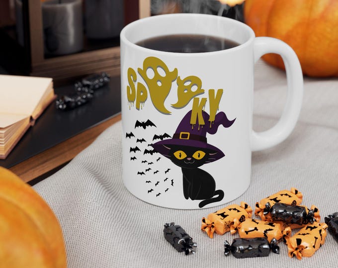 Featured listing image: Spooky Cat Ceramic Mug: Halloween Coffee Cup, Gift for Cat Lovers